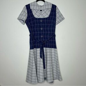 Vintage 1960s Navy and Off White Plaid Midi Dress Drop Waist Tie Belt Size 8